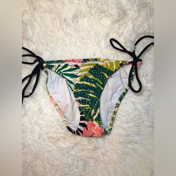 VENUS green and pink Tropical Print Bikini Bottom with Black Ties size 2 NWOT - Picture 2 of 10